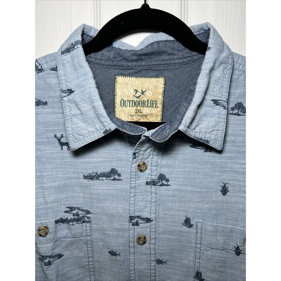Outdoor Life Chambray Blue Deer Fish Print Button Up Shirt XXL Short Slv Cotton - Picture 3 of 8
